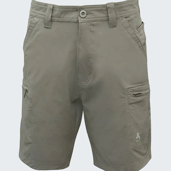 Gray shorts with multiple pockets on a white background