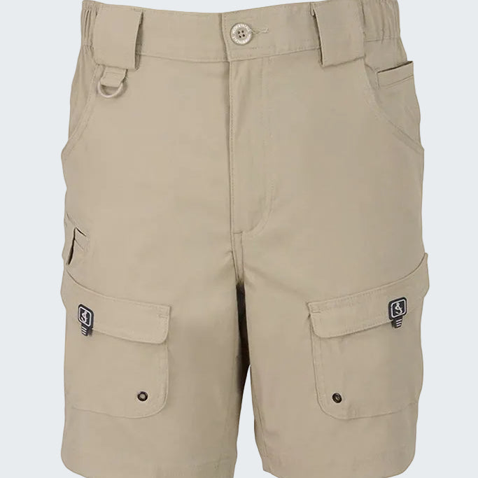 Beige cargo shorts with multiple pockets on a white background