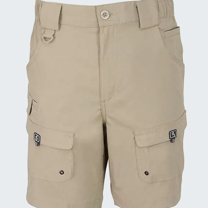 Beige cargo shorts with multiple pockets on a white background