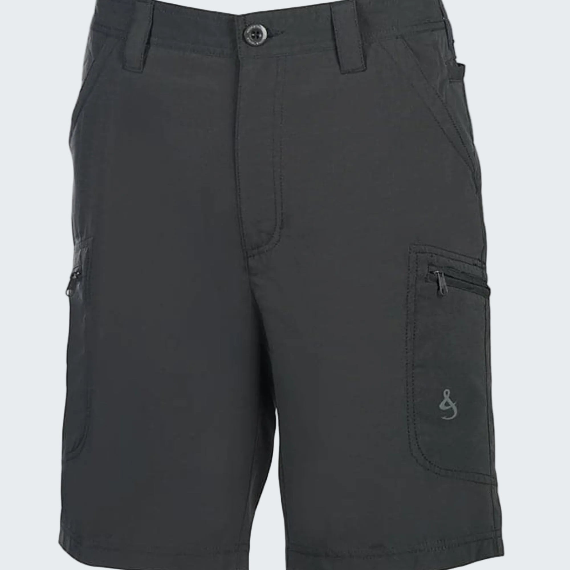 Black shorts with multiple pockets on a white background