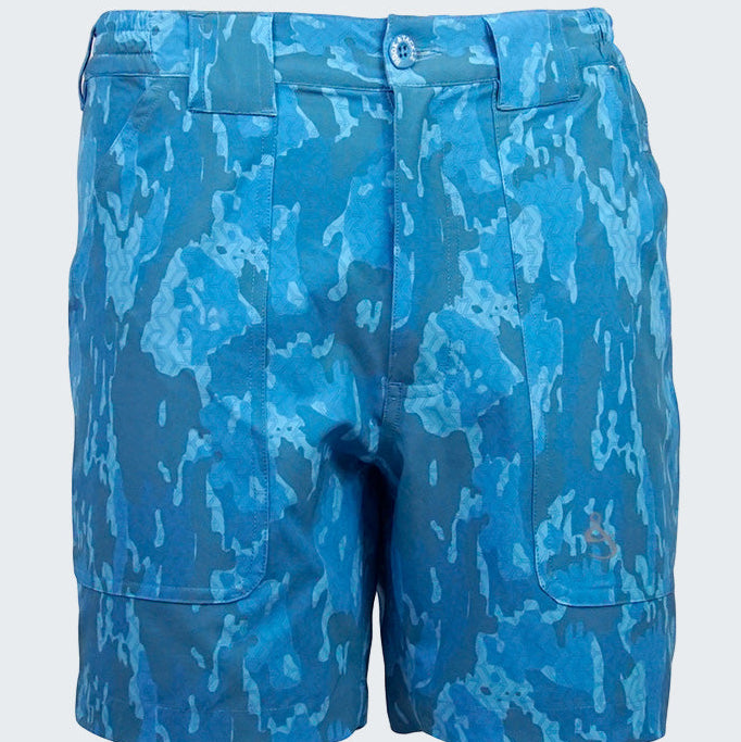 Blue camouflage shorts on a white background