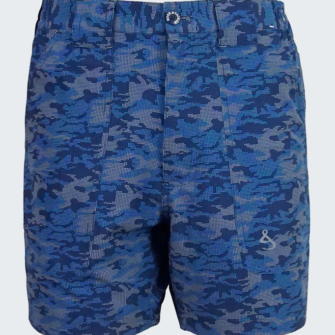 Blue camouflage shorts on a white background