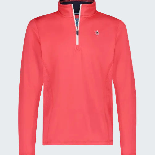 Red long-sleeve shirt with a small logo on a white background