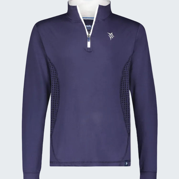 Purple long-sleeve pullover with a logo on a white background
