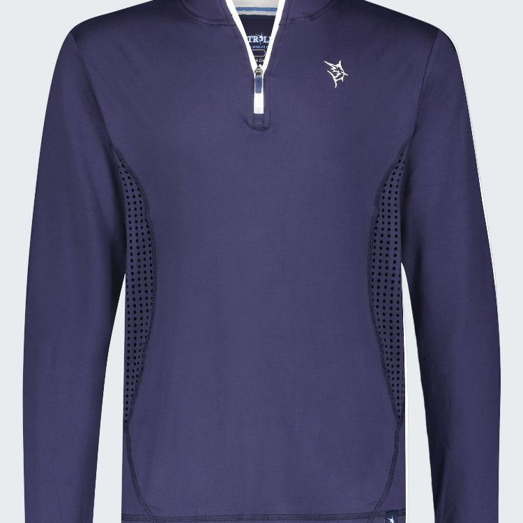 Purple long-sleeve pullover with a logo on a white background