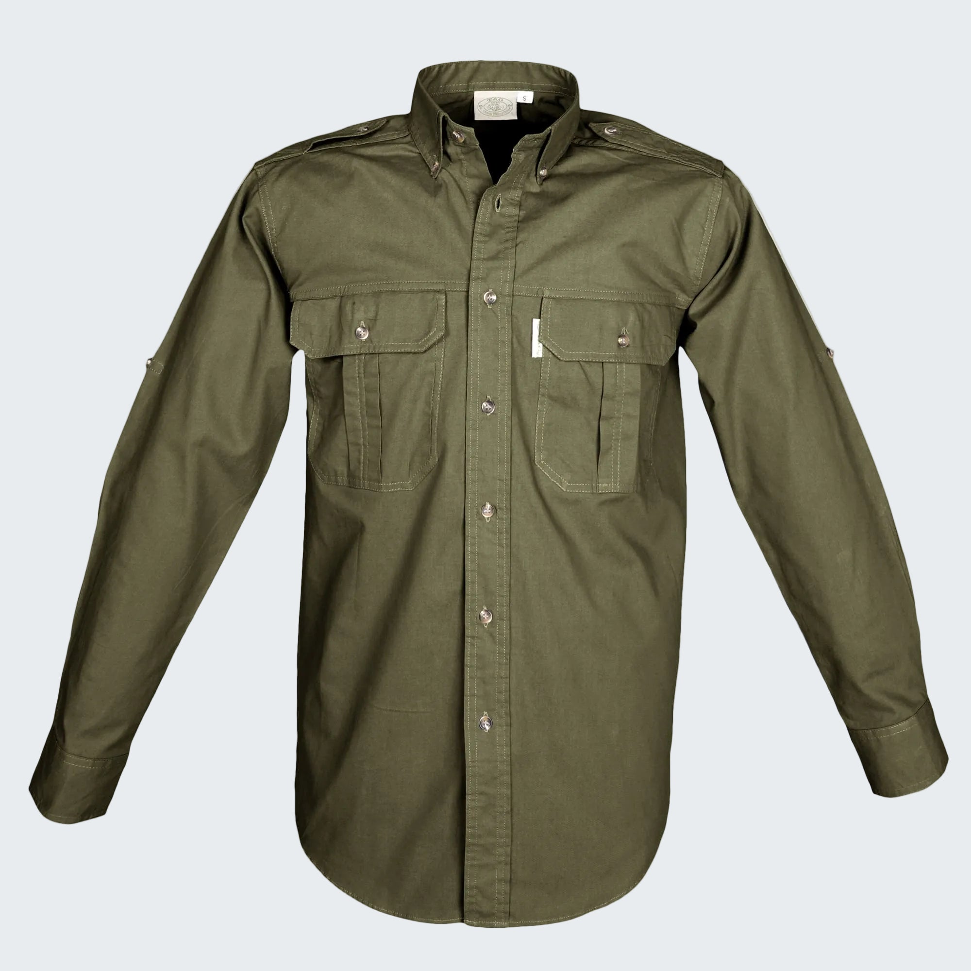 Green shirt with multiple pockets on a white background