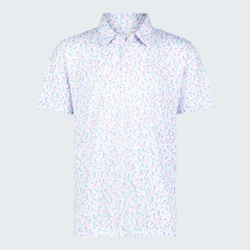 Short-sleeve shirt with a light blue floral pattern on a white background
