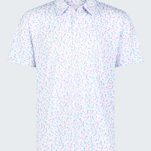 Short-sleeve shirt with a light blue floral pattern on a white background
