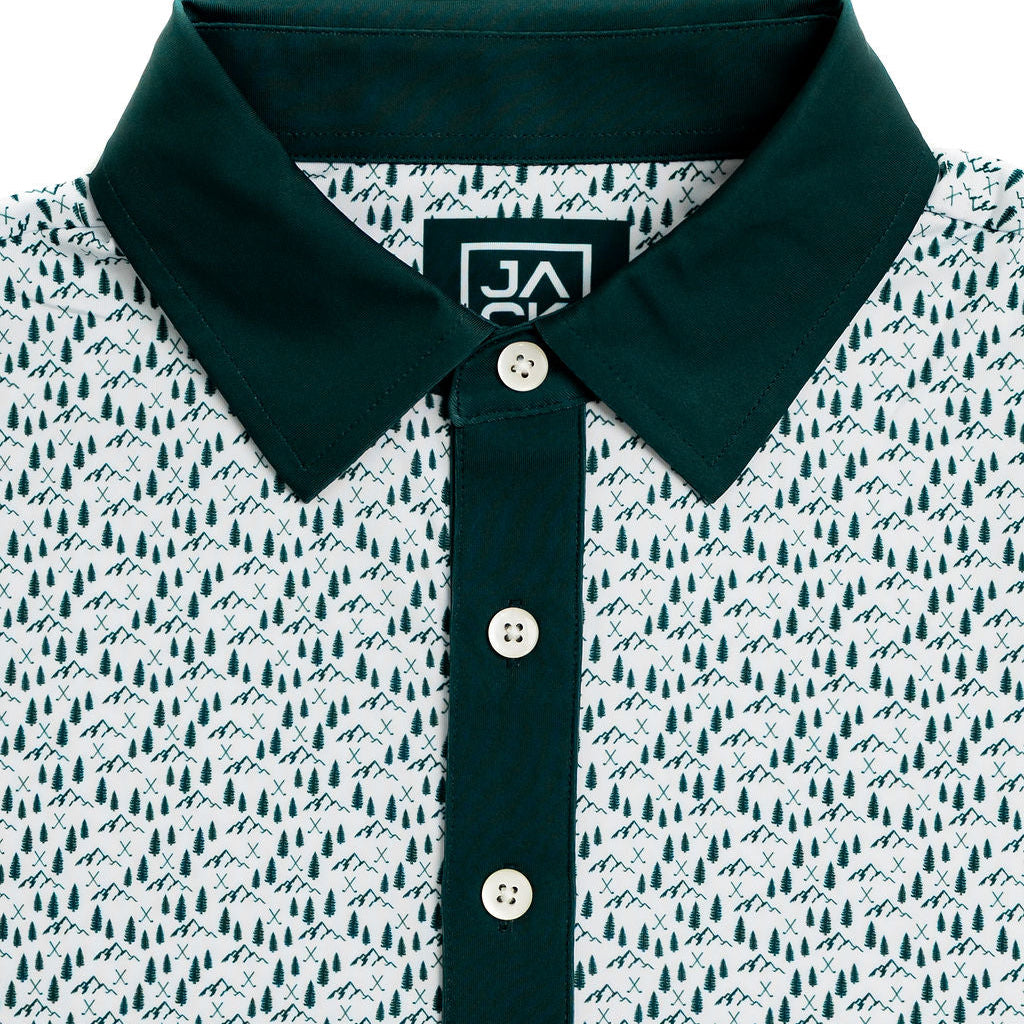 Polo shirt with a patterned design and green collar on a white background