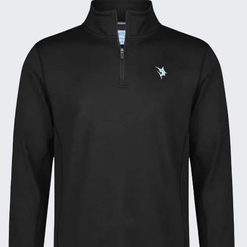 Black long-sleeve pullover with a small logo on the chest against a white background