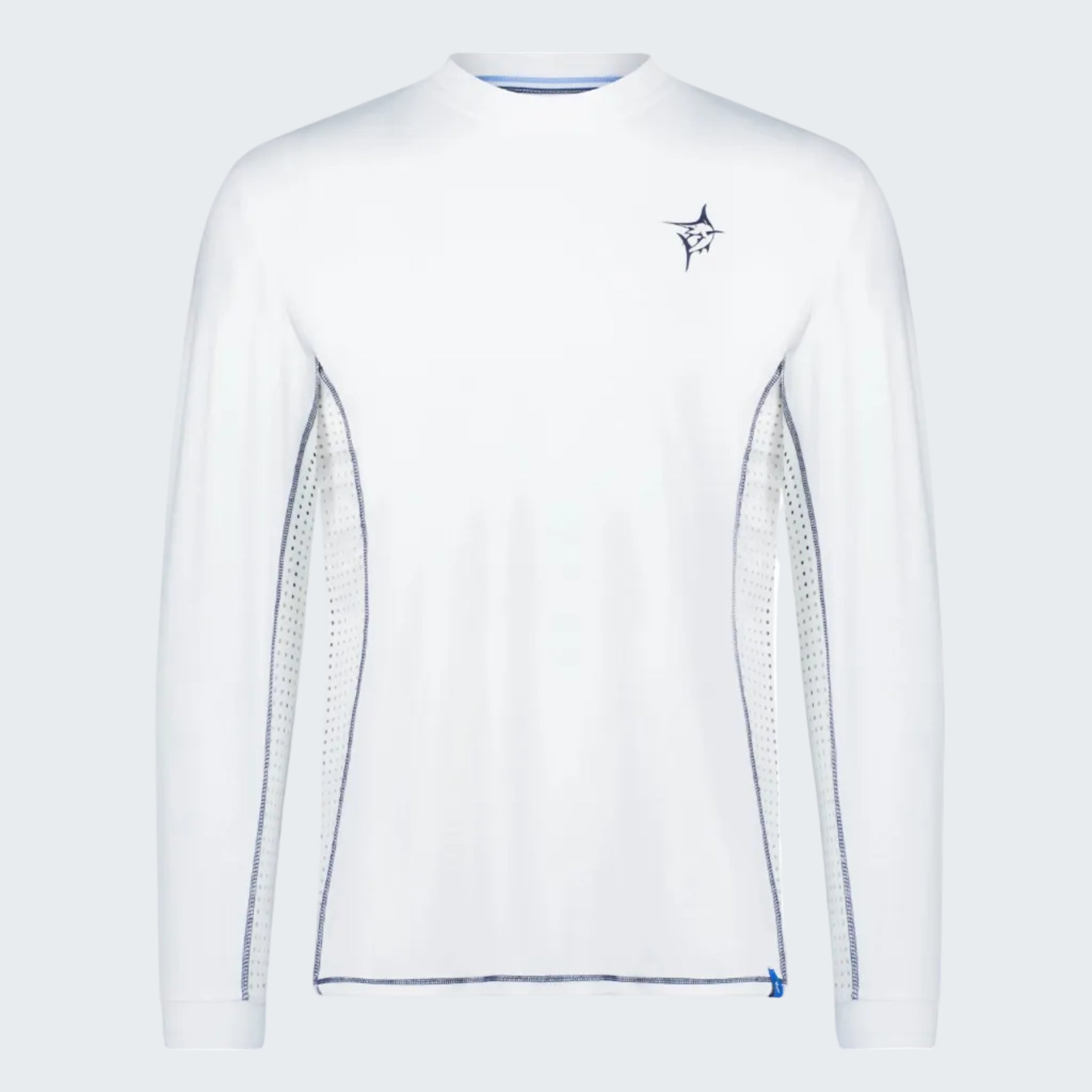 White long-sleeve shirt with blue accents on a white background