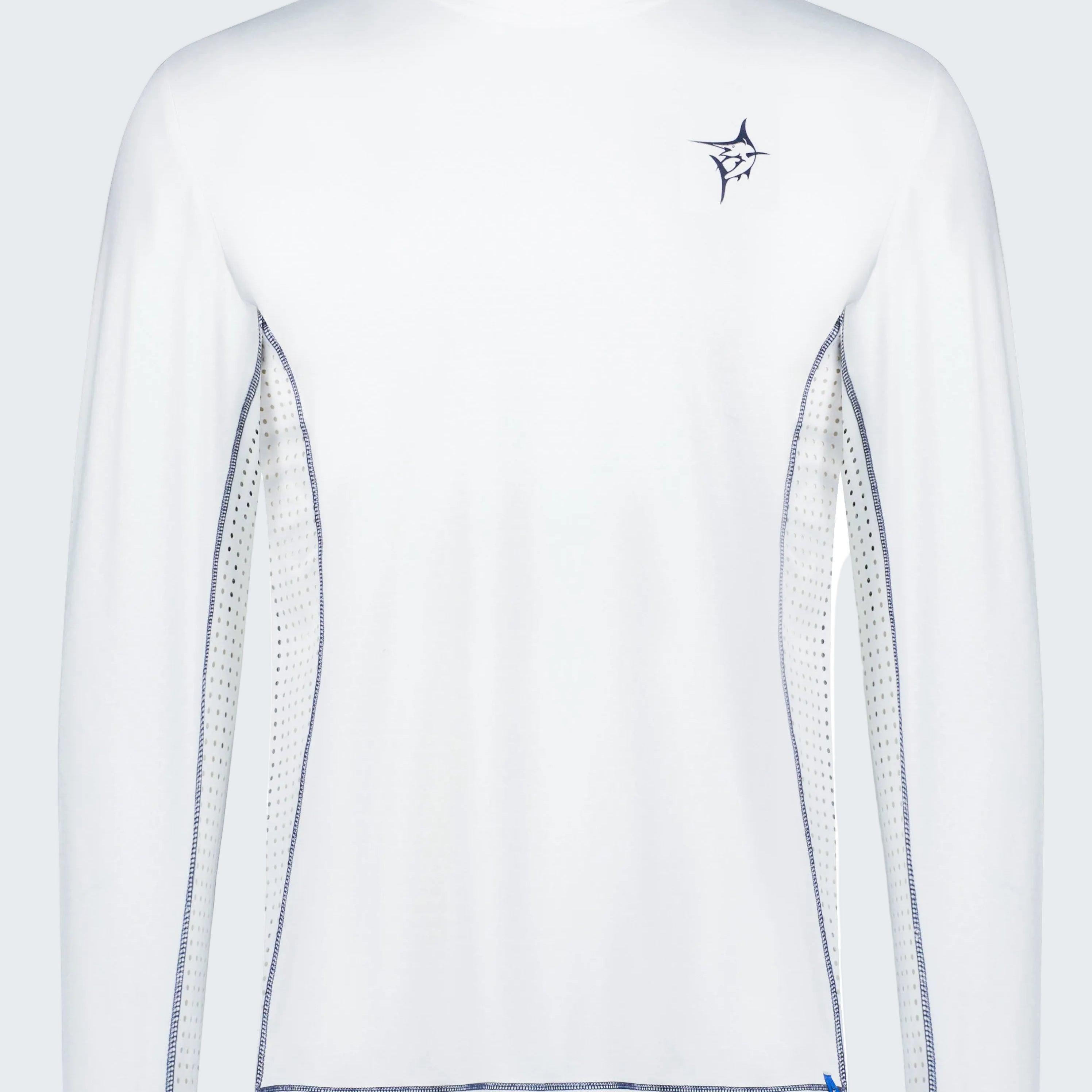 White long-sleeve shirt with blue accents on a white background