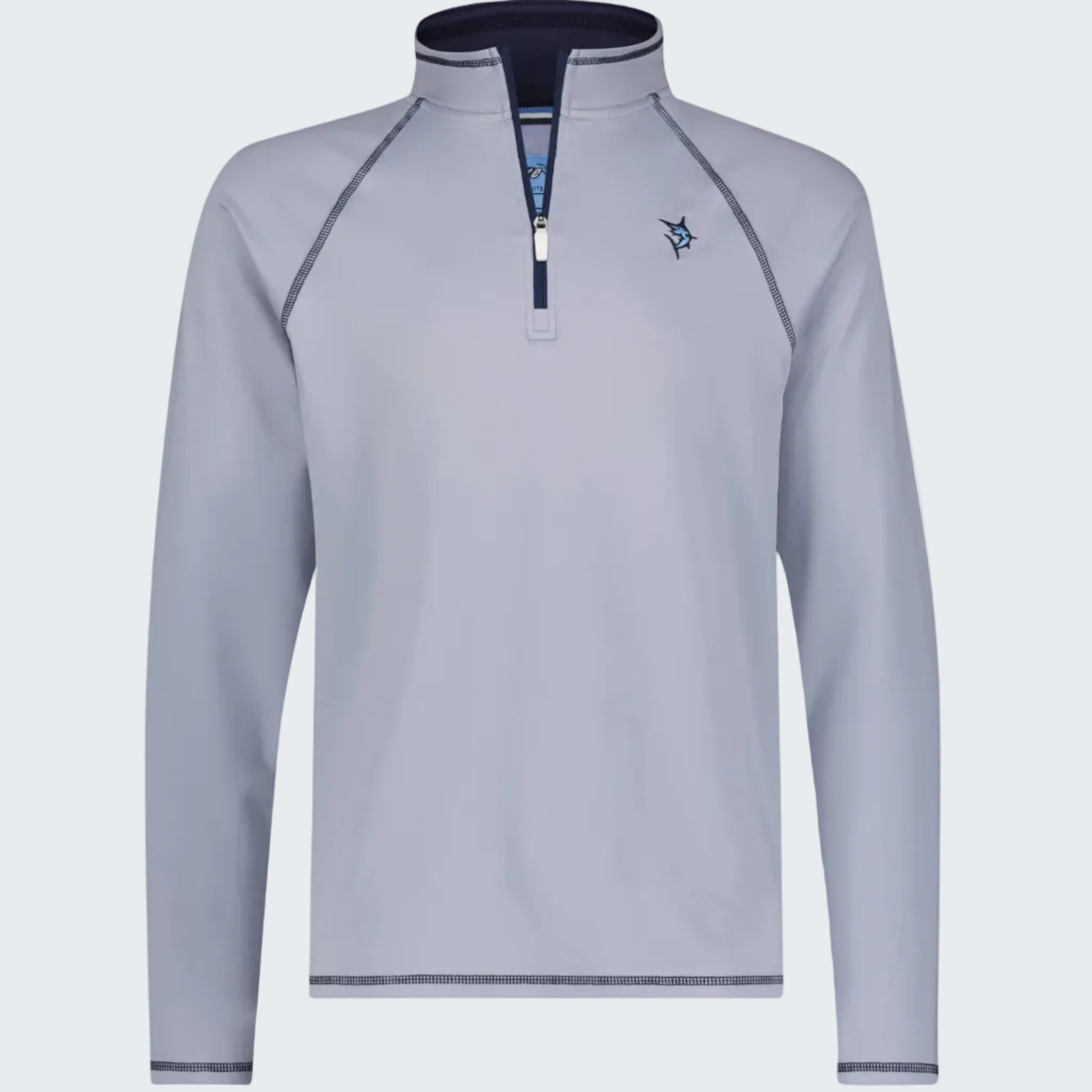 Light gray long-sleeve shirt with a quarter zip on a white background
