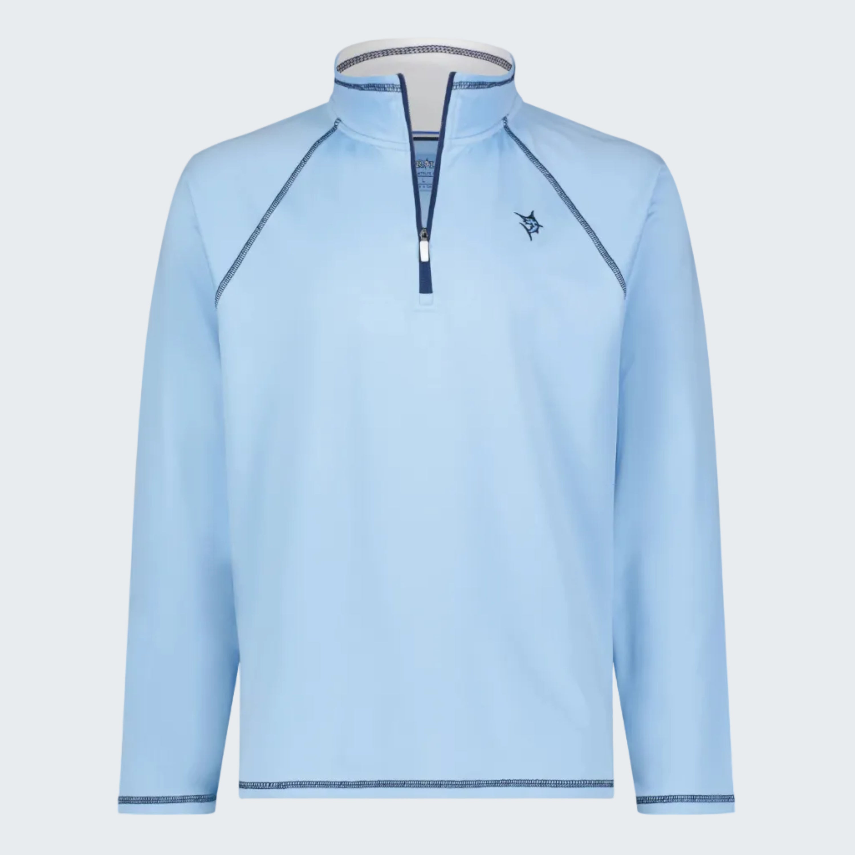 Light blue long-sleeve shirt with a zipper on a white background