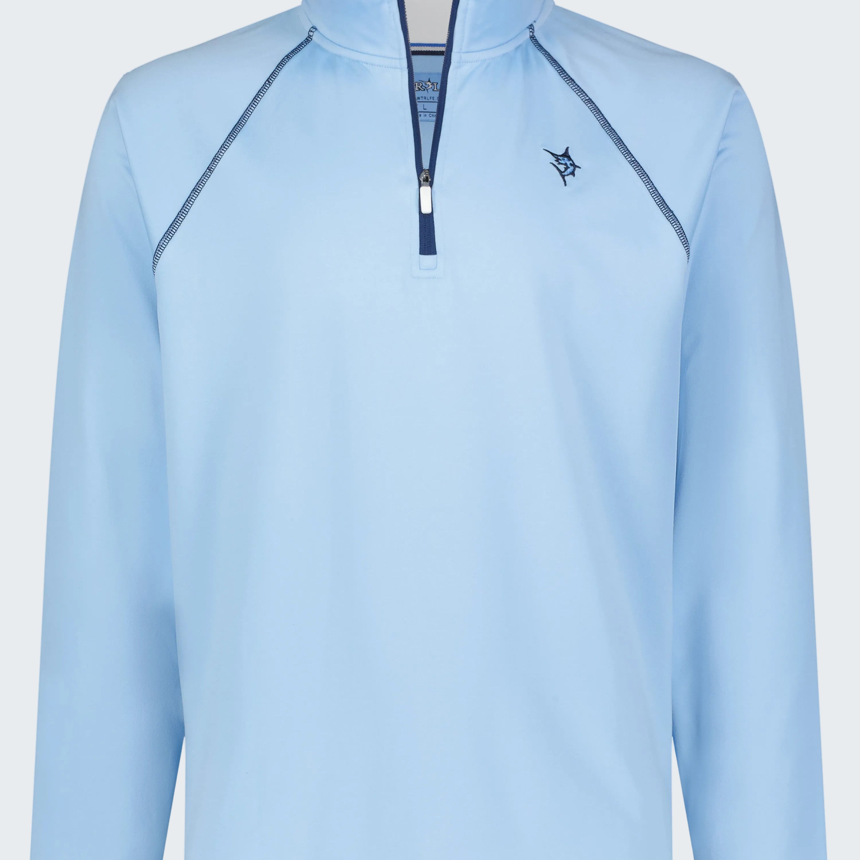 Light blue long-sleeve shirt with a zipper on a white background