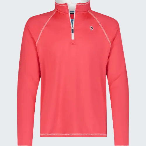 Red long-sleeve shirt with a small logo on a white background
