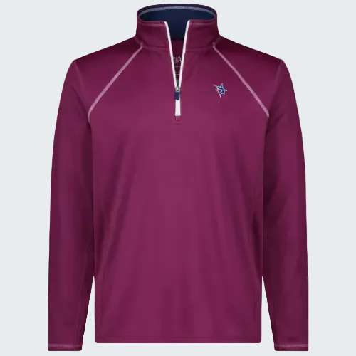 Maroon quarter-zip pullover with a logo on a white background