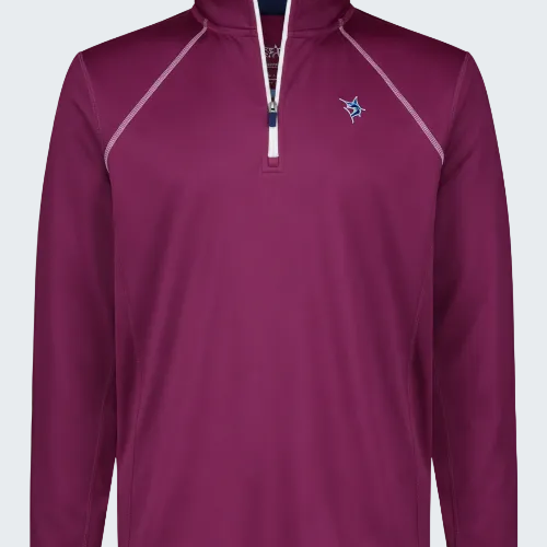 Maroon quarter-zip pullover with a logo on a white background