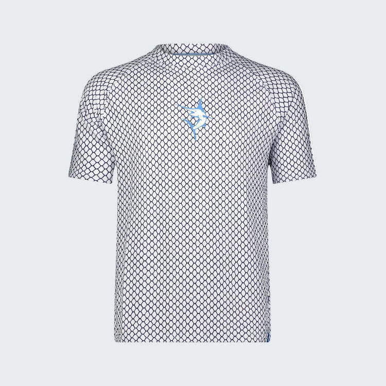 White t-shirt with black geometric pattern on a white background