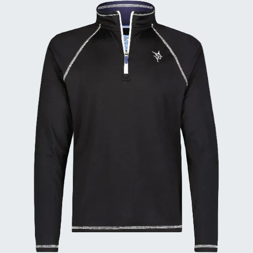 Black long-sleeve pullover with white accents on a white background