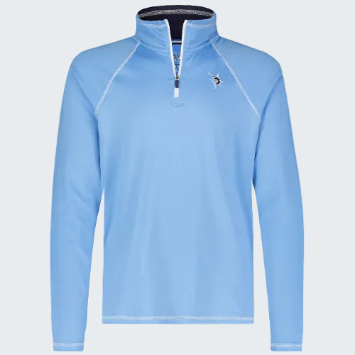 Light blue long-sleeve shirt with a quarter-zip design on a white background