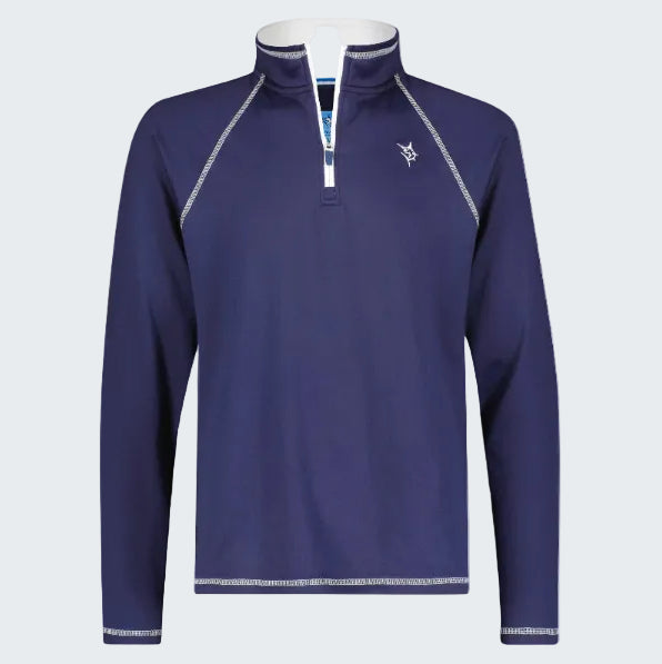 Blue long-sleeve shirt with a white collar on a white background