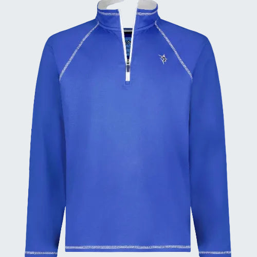 Blue long-sleeve shirt with a white zipper on a white background