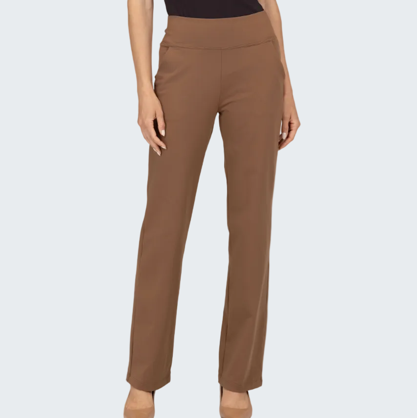 Brown pants worn by a person on a white background