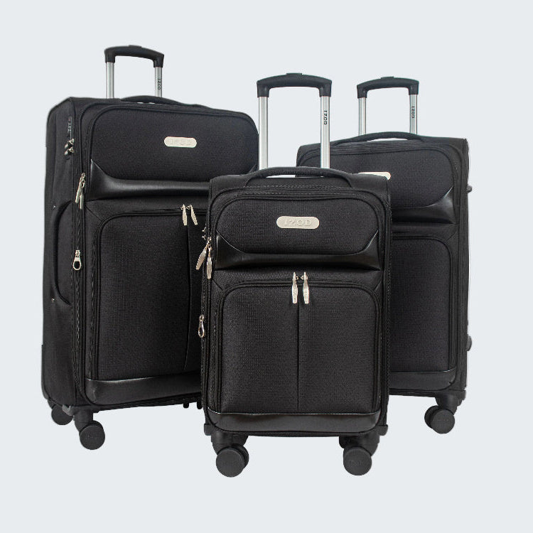 Set of black suitcases with wheels on a white background