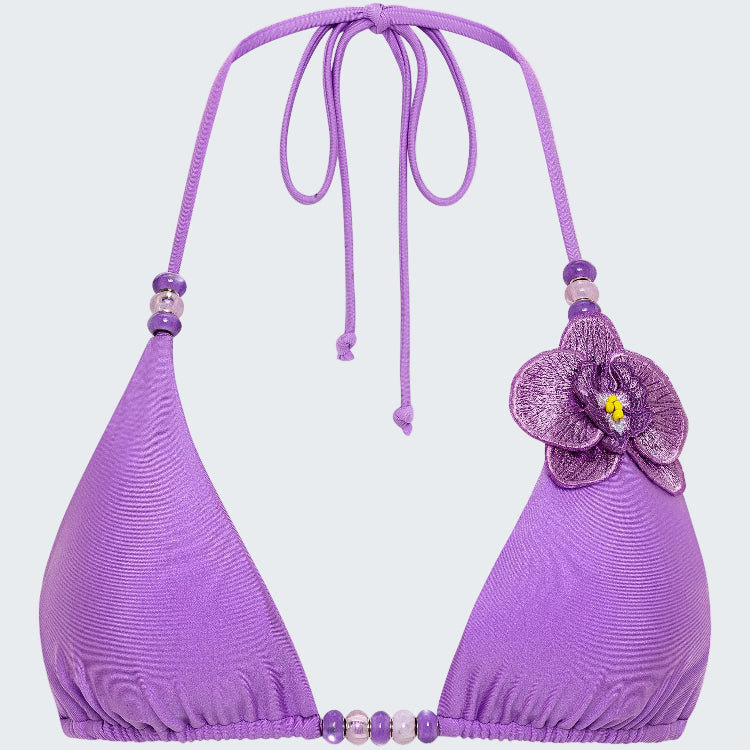 Purple bikini top with floral design on a white background