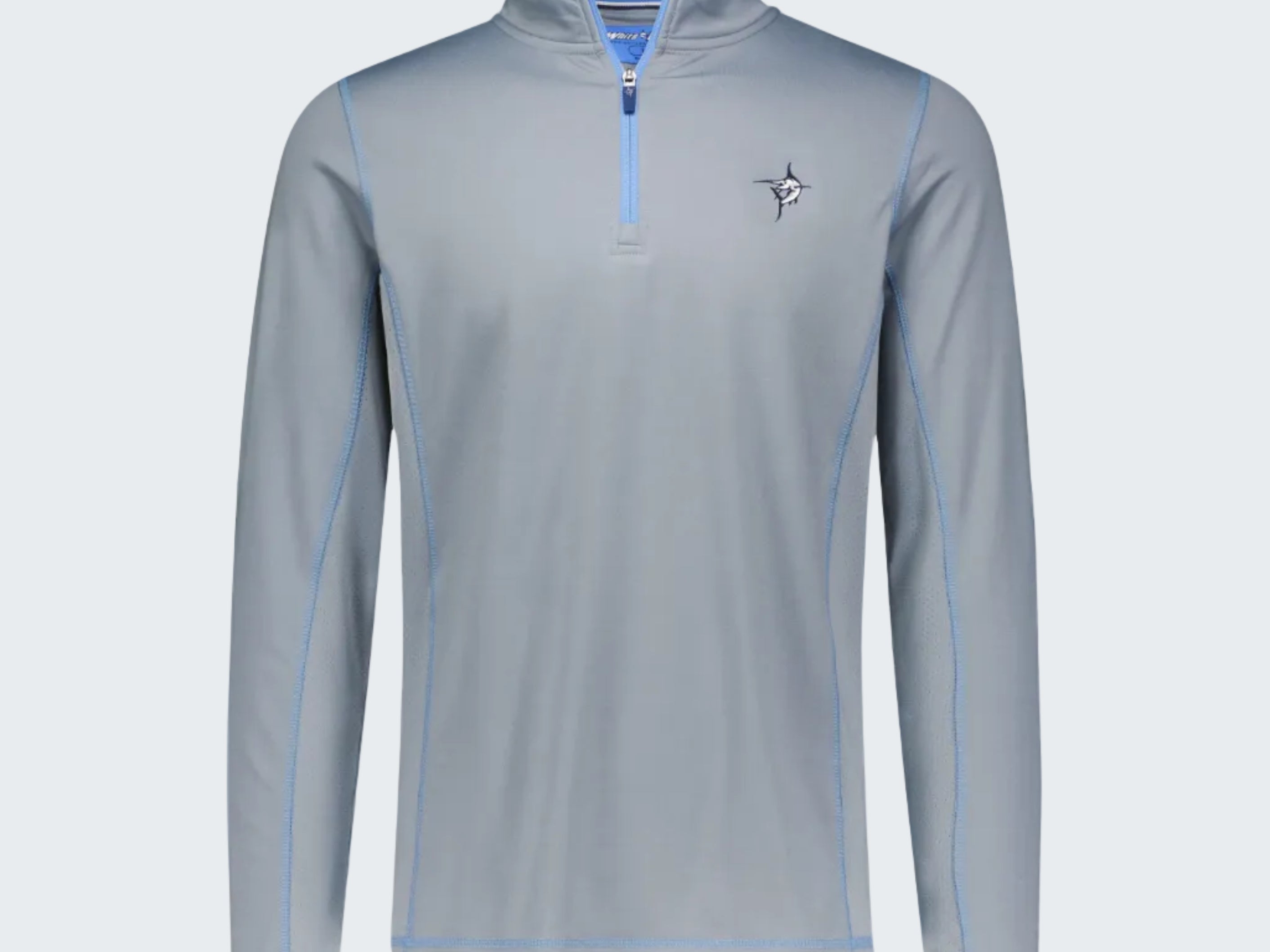 Gray long-sleeve shirt with blue accents on a white background