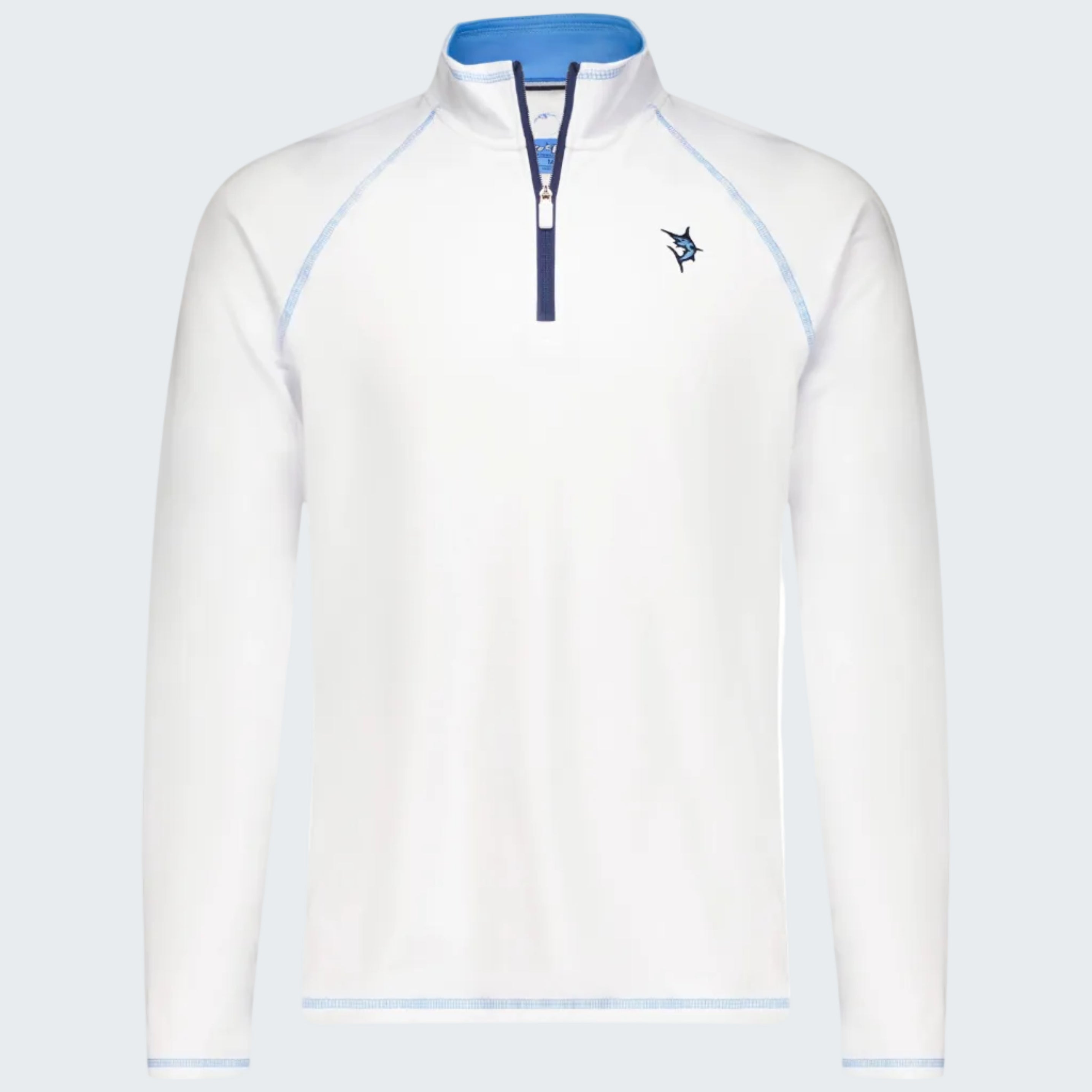White long-sleeve shirt with blue accents on a white background