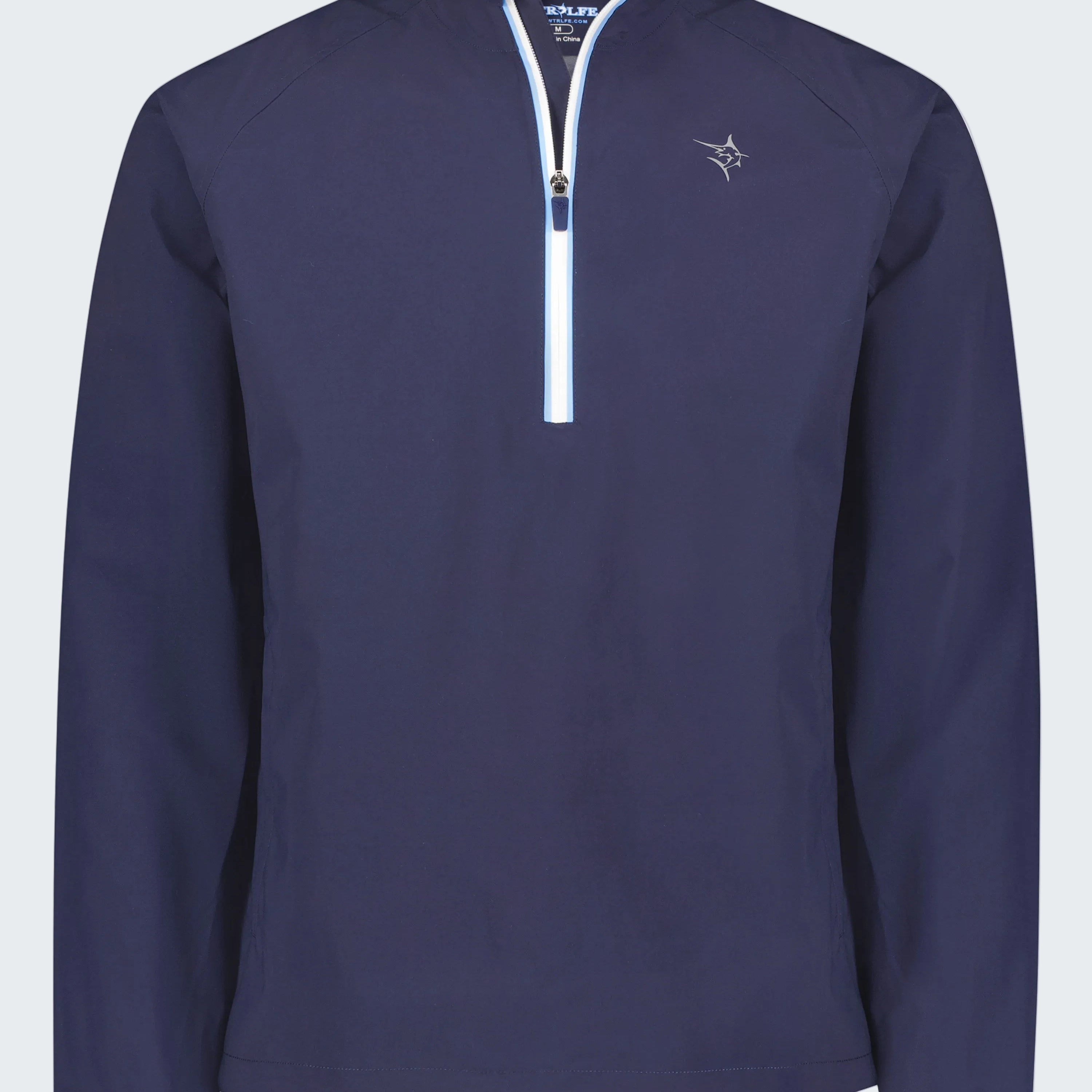 Navy blue pullover with a quarter zip on a white background