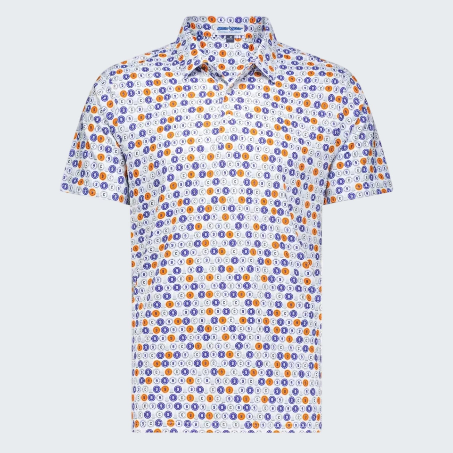Short-sleeve shirt with a colorful pattern on a white background