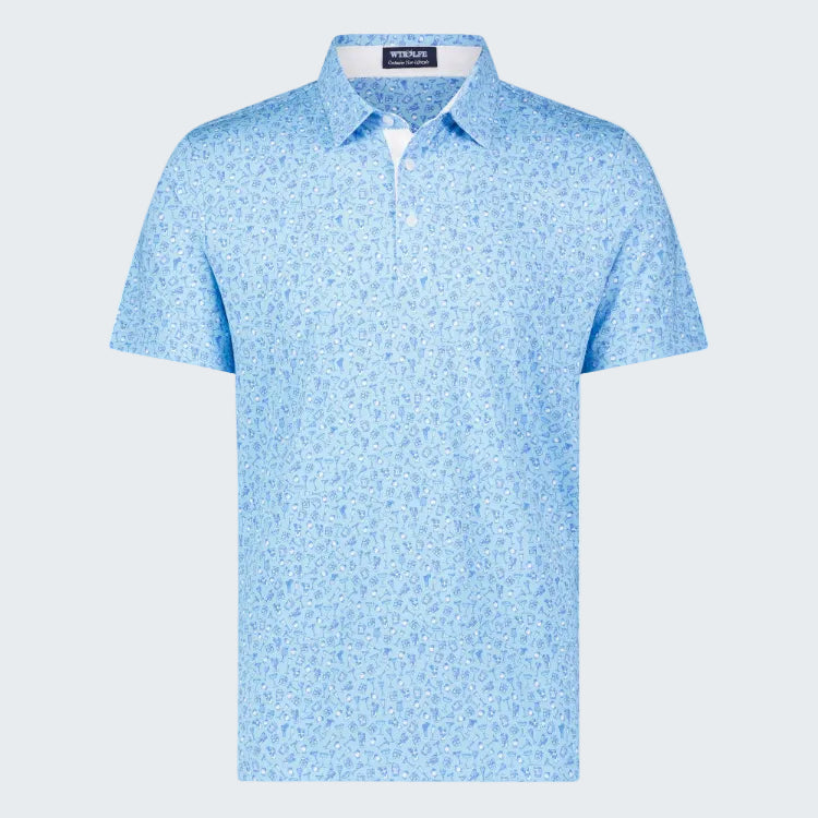Blue patterned polo shirt on a white background