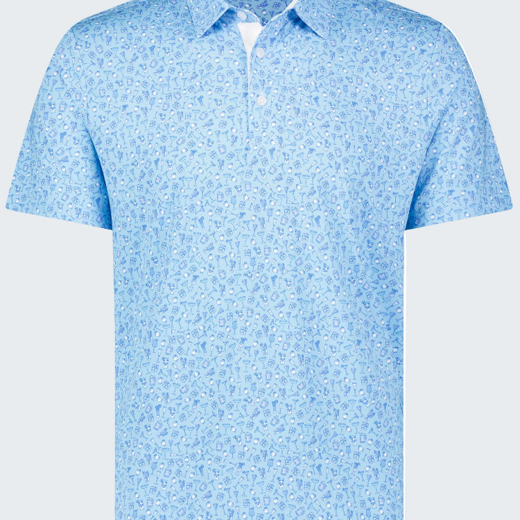 Blue patterned polo shirt on a white background