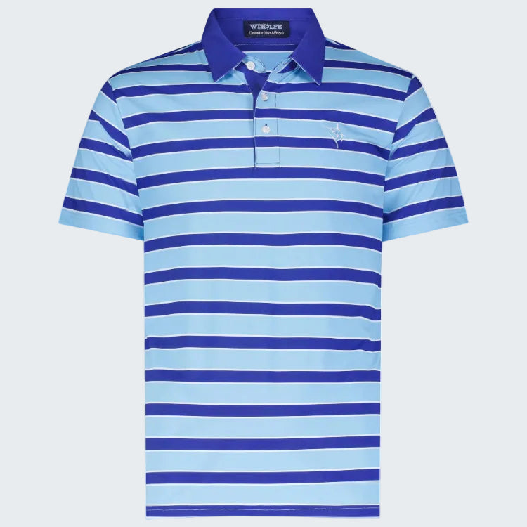 Blue and light blue striped polo shirt on a white background
