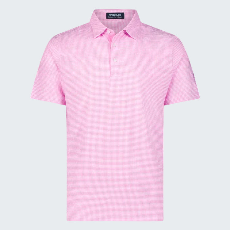 Pink checkered polo shirt on a white background