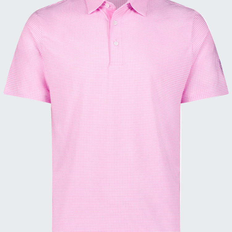 Pink checkered polo shirt on a white background