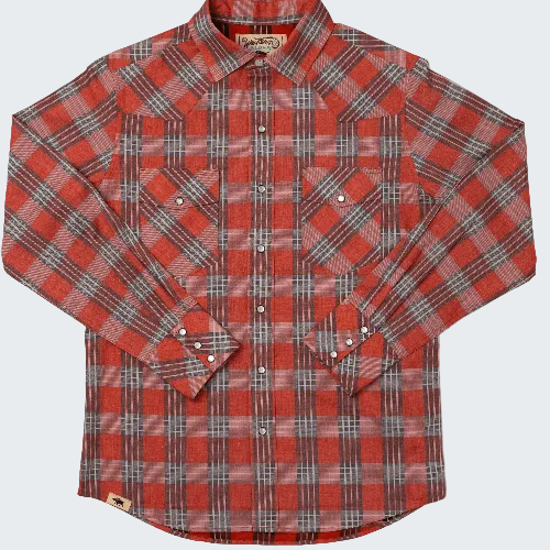Red plaid shirt with a brand label on a white background