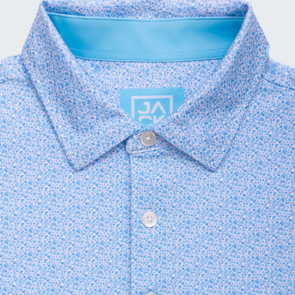 Blue patterned polo shirt with a brand logo on a white background