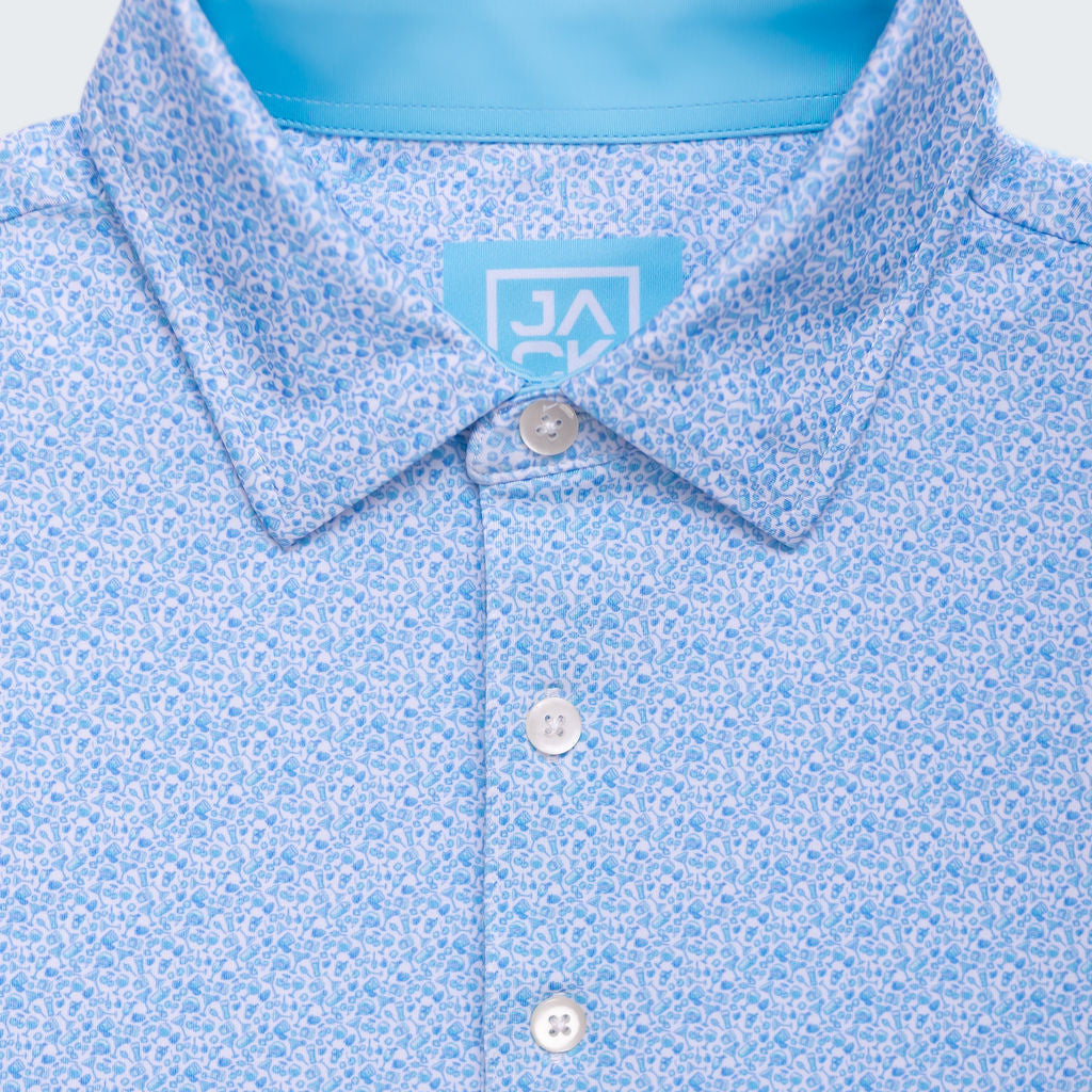 Blue patterned polo shirt with a brand logo on a white background