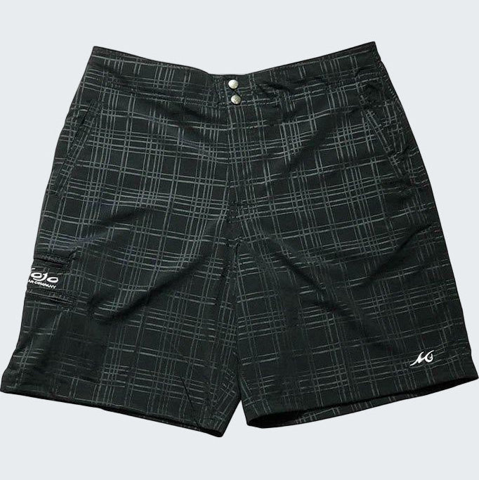 Black plaid shorts on a white background