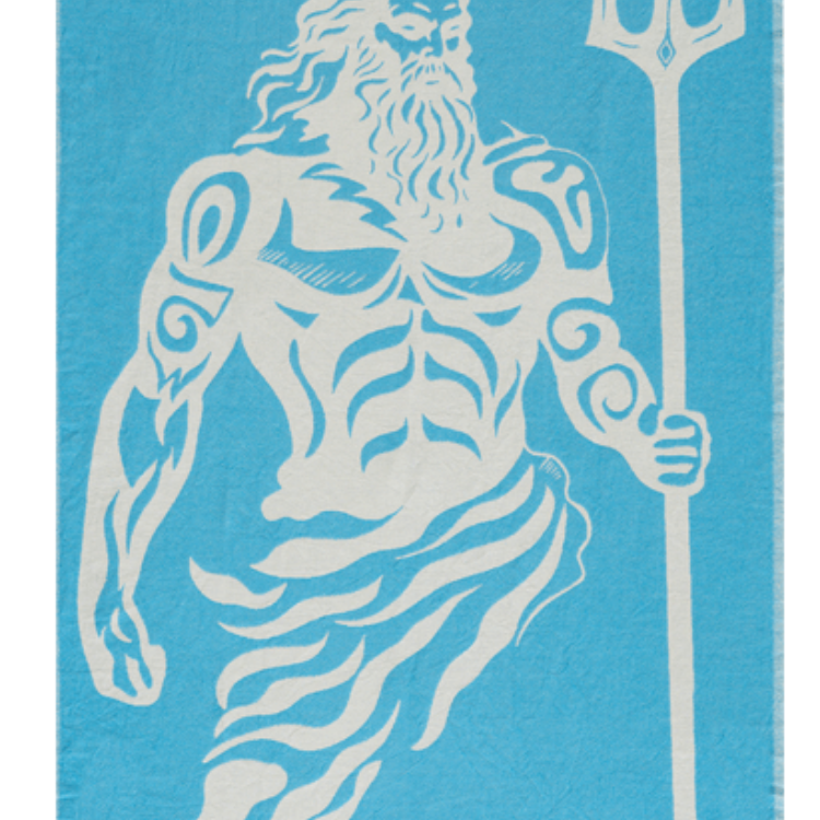 Stylized illustration of a bearded figure with a trident on a blue background
