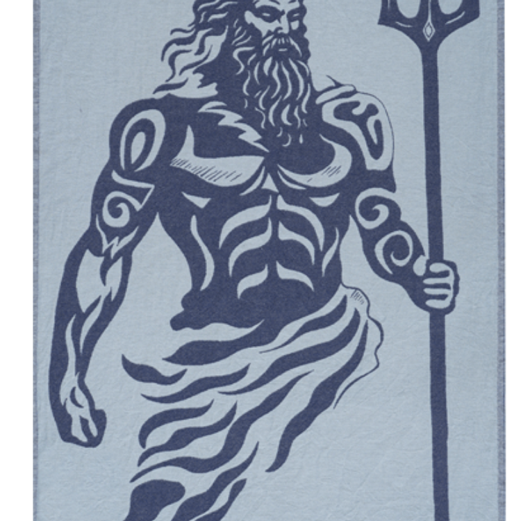 Stylized illustration of a bearded figure with a trident on a light blue background