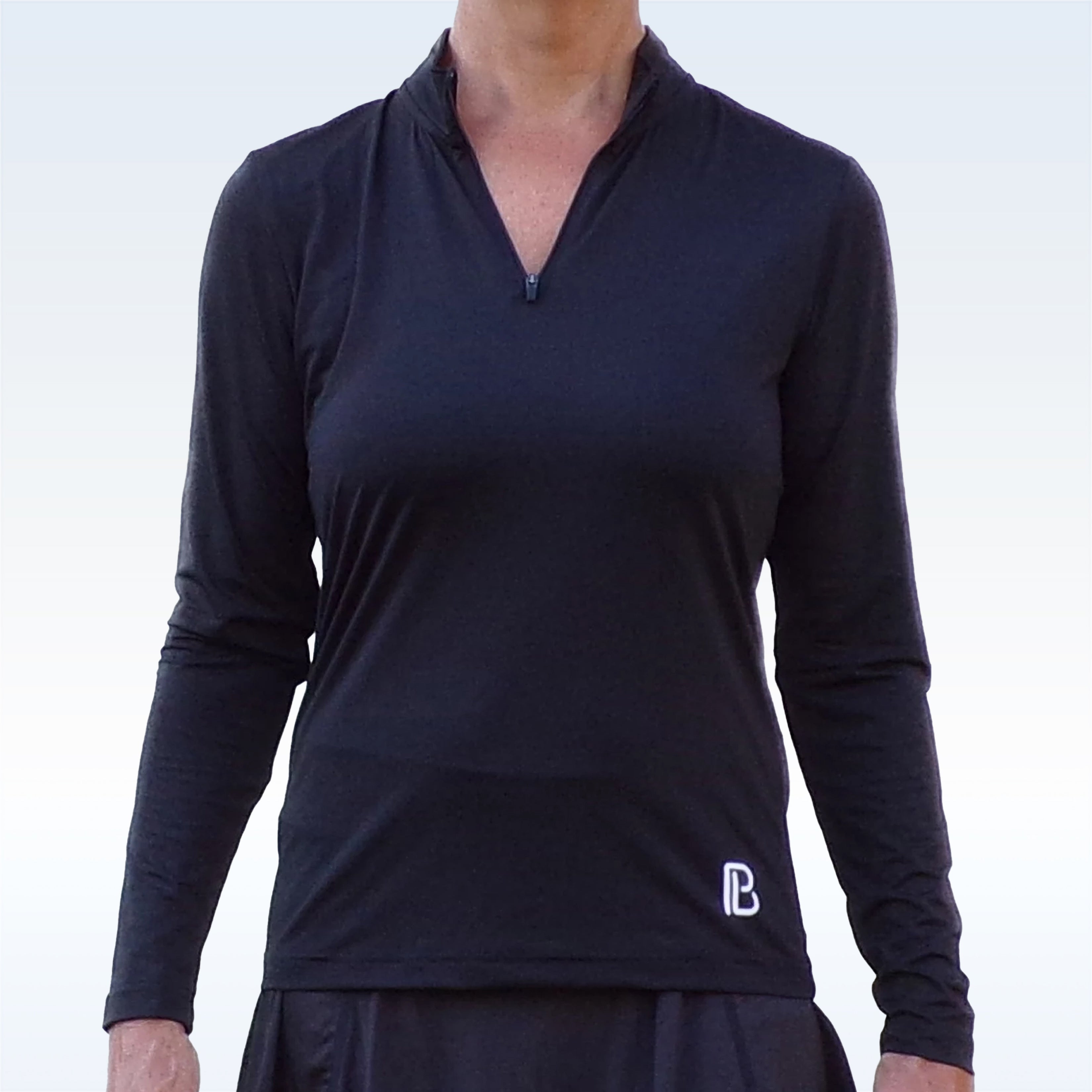 Black long-sleeve athletic top with a small logo on a white background