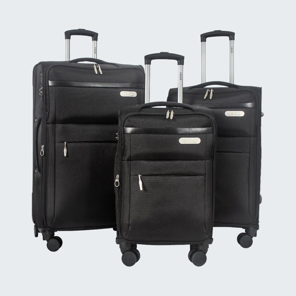 Set of three black suitcases with wheels on a white background