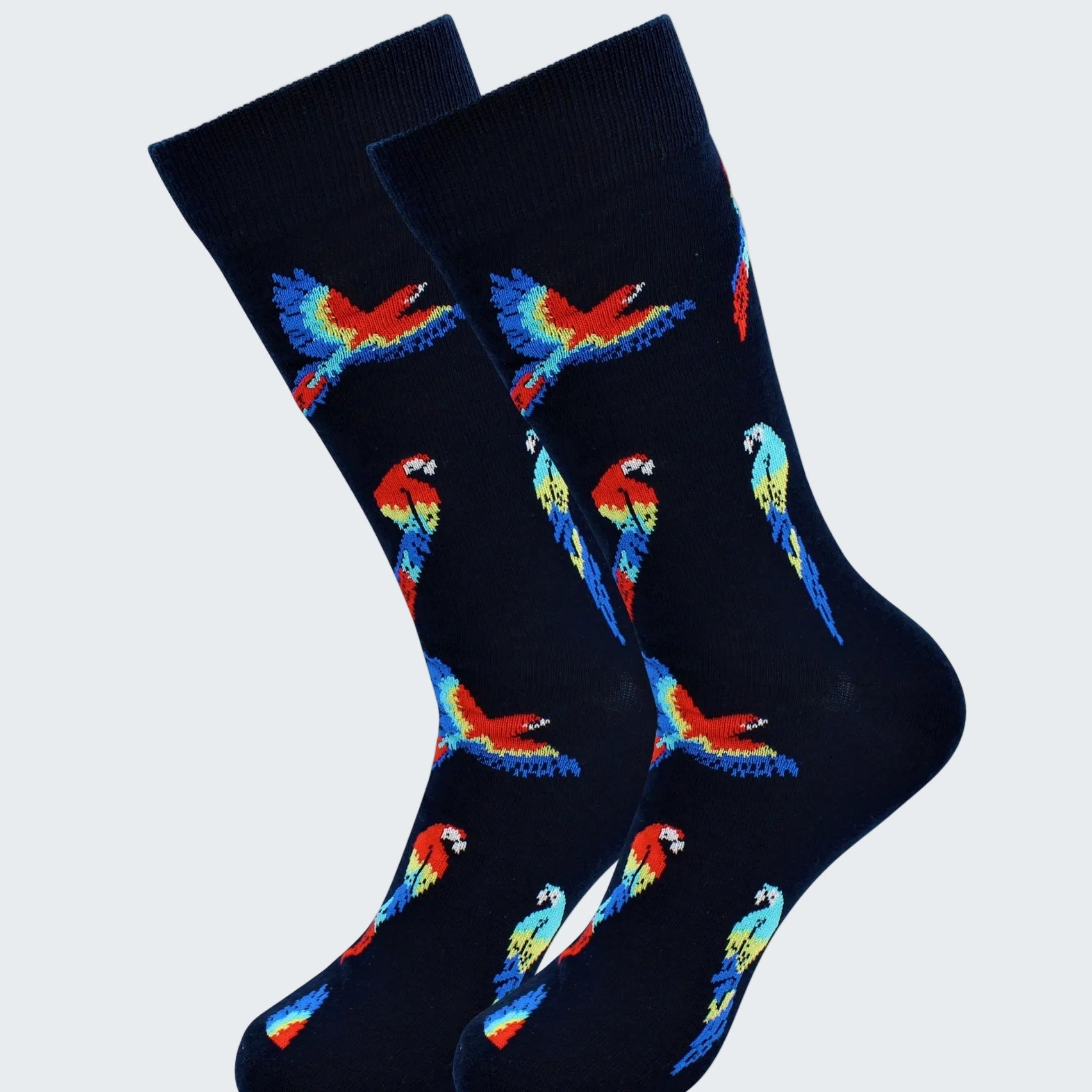 Pair of socks with colorful parrot design on a black background