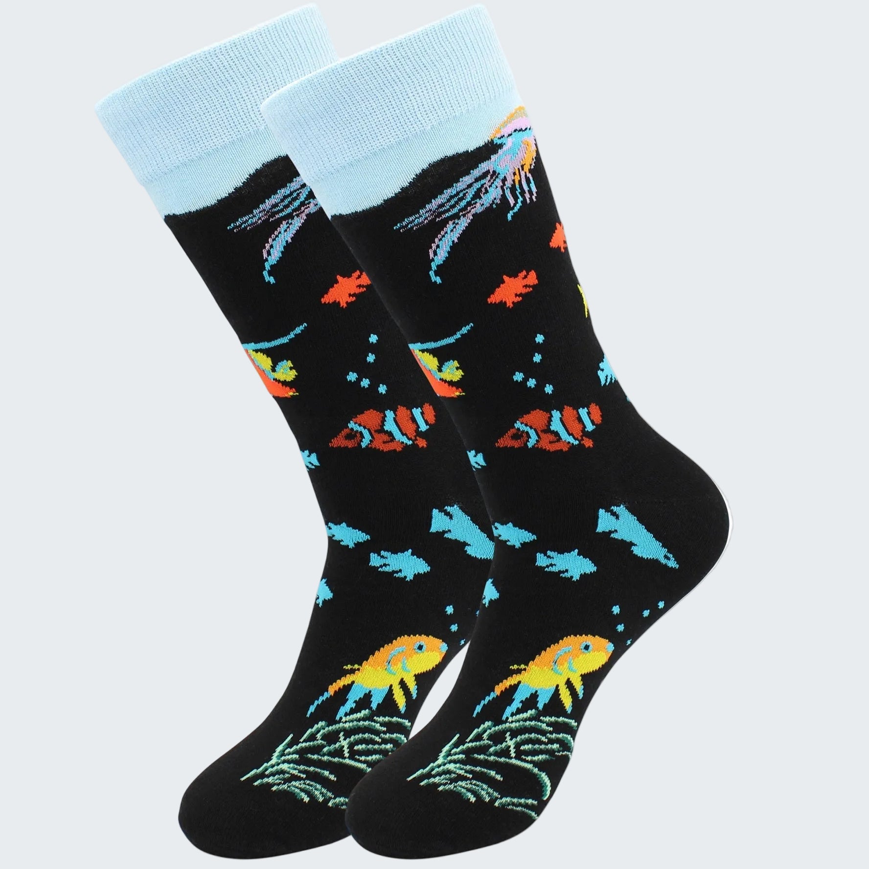 Pair of socks with fish pattern on a white background