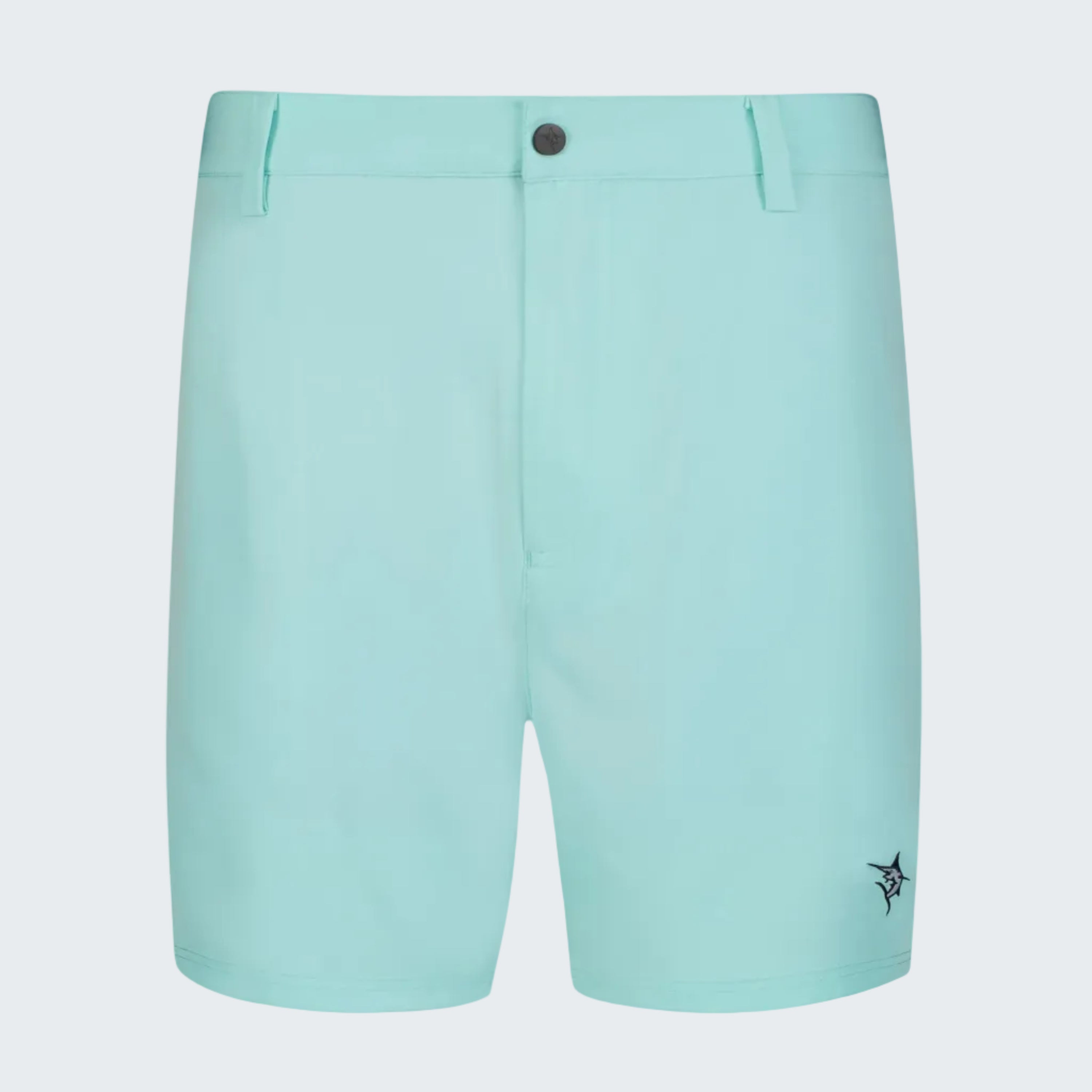 Light blue shorts with a small logo on a white background